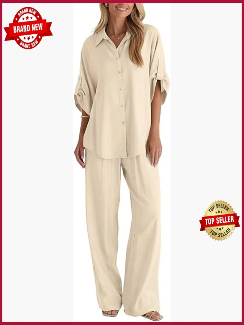 Linen Button Down Shirt & Wide Leg Pants 2 Piece Lounge Set S-2XL